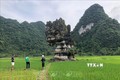 Đoàn chuyên gia mạng lưới Công viên địa chất toàn cầu UNESCO đến trải nghiệm điểm di sản mới “Hòn đá mồ côi” tại thung lũng Bản Hau, xã Cao Thăng (Trùng Khánh). Ảnh: Chu Hiệu - TTXVN.