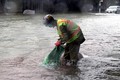 Công nhân Công ty Công trình đô thị Hà Tĩnh đi nhặt rác, khơi thông dòng chảy trên một số tuyến đường bị ngập sâu. Ảnh: Công Tường - TTXVN