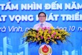 Thủ tướng Phạm Minh Chính phát biểu tại Hội nghị Công bố Quy hoạch tỉnh Trà Vinh. Ảnh: Dương Giang-TTXVN
