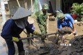 Lực lượng quân đội và đoàn thanh niên dọn dẹp vệ sinh tại thị trấn La Hai, huyện Đồng Xuân. Ảnh: Xuân Triệu - TTXVN