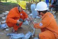 Công nhân Công ty Điện lực Kon Tum chuẩn bị vật dụng để lắp đèn chiếu sáng tại thôn Tê Rông, xã Văn Lem, huyện Đăk Tô. Ảnh: Dư Toán – TTXVN