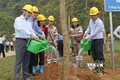 Chủ tịch HĐTV EVN Dương Quang Thành (ngoài cùng bên phải) và Bí thư Tỉnh ủy Tuyên Quang Chẩu Văn Lâm (ngoài cùng bên trái) hưởng ứng Tết trồng cây tại Tuyên Quang. Ảnh: Ngọc Hà - TTXVN
