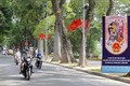Pano, cờ Tổ quốc rực rỡ trên phố Lê Thái Tổ, quận Hoàn Kiếm . Ảnh: Hoàng Hiếu - TTXVN