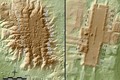 Hình ảnh laser 3D của các địa điểm San Lorenzo (trái) và Aguada Fénix (phải) với các bệ hình chữ nhật dài tương tự được bao quanh bởi 20 bệ nhỏ hơn. Nguồn: artnet.com
