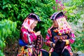 Những người phụ nữ Lô Lô Đen ở thôn Lô Lô Chải truyền dạy nghề thêu trang phục truyền thống cho lớp trẻ. Ảnh Nam Thái