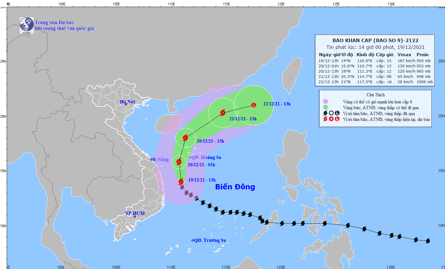 Đường đi của bão số 9 (bãi RAI) tính đến 14 giờ ngày 19/12/2021. Ảnh: nchmf.gov.vn