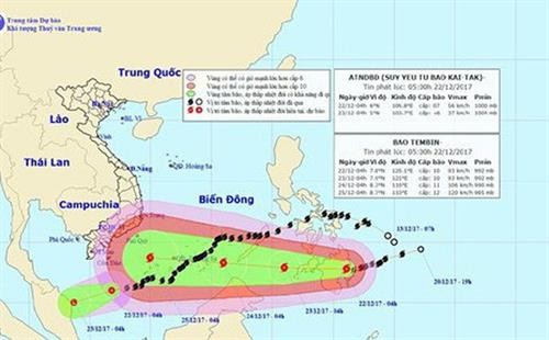 Thời tiết ngày 22/12: Bão số 15 suy yếu thành áp thấp nhiệt đới, bão Tembin di chuyển theo hướng Tây và mạnh thêm