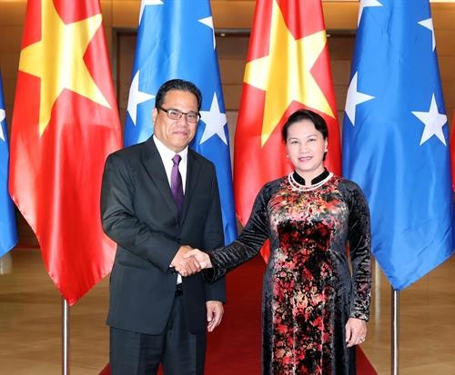 越南国会主席阮氏金银与密克罗尼西亚联邦国会议长韦斯利·西米纳举行会谈