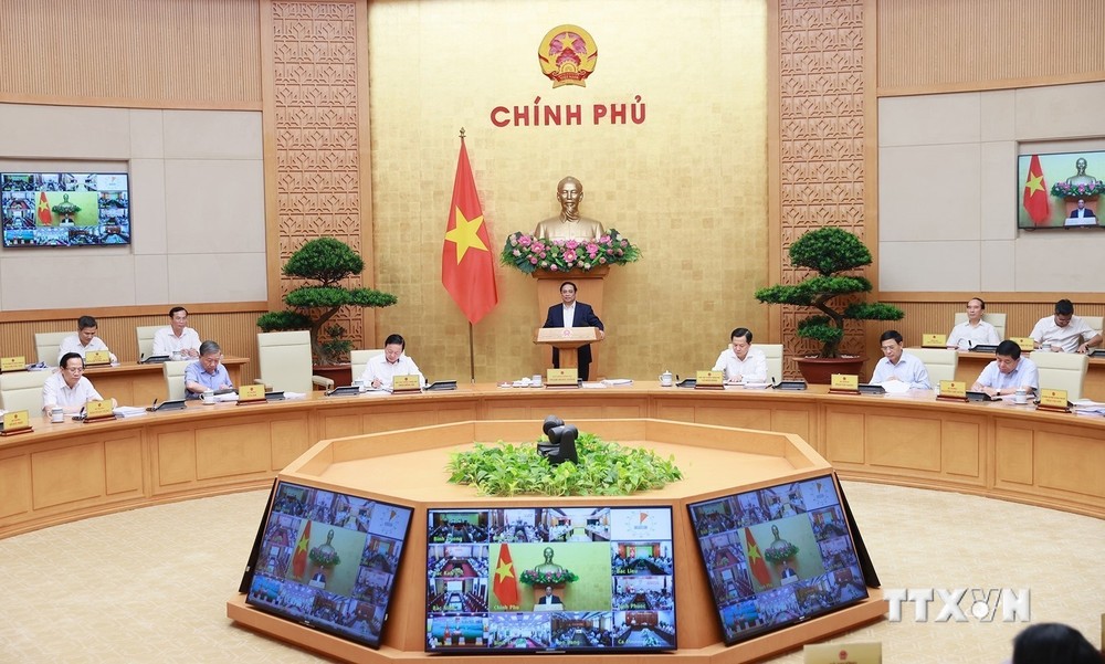Thủ tướng Phạm Minh Chính chủ trì Phiên họp Chính phủ thường kỳ tháng 5. Ảnh: Dương Giang - TTXVN