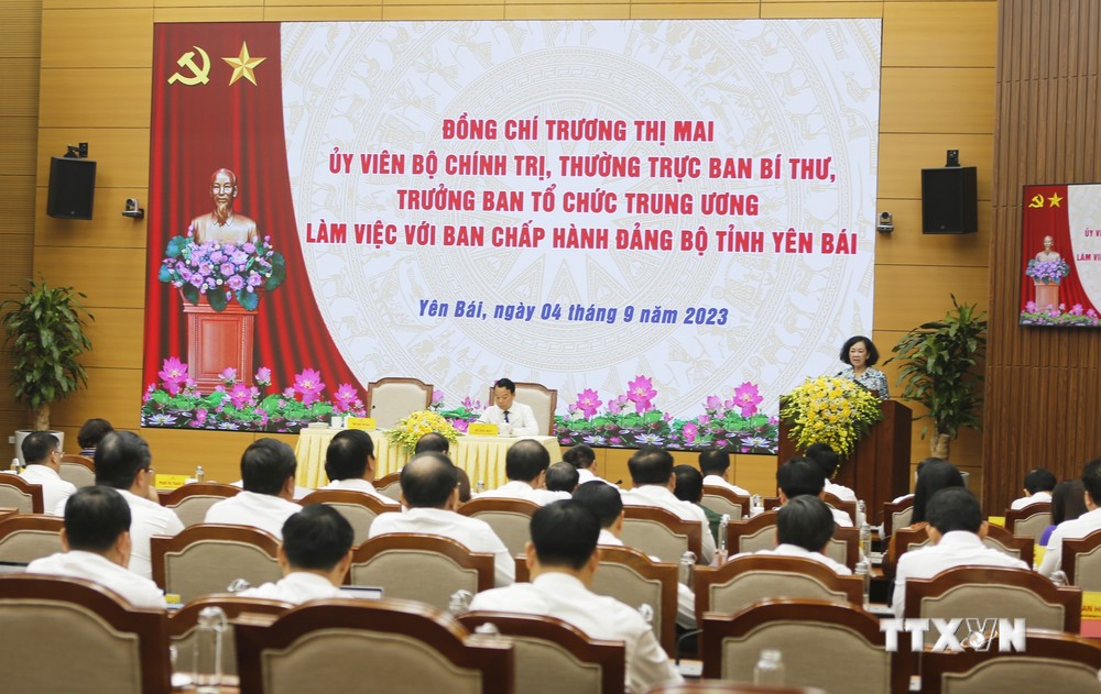 Thường trực Ban Bí thư, Trưởng Ban tổ chức Trung ương Trương Thị Mai phát biểu tại buổi làm việc với Ban Chấp hành Đảng bộ tỉnh Yên Bái. Ảnh: Tuấn Anh - TTXVN