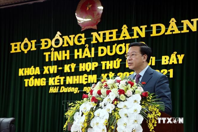 Ông Phạm Xuân Thăng, Ủy viên Trung ương Đảng, Bí thư Tỉnh ủy, tân Chủ tịch HĐND tỉnh Hải Dương phát biểu tại kỳ họp. Ảnh: Mạnh Tú - TTXVN