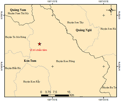 Bản đồ chấn tâm động đất ở Kon Plong sáng 3/6/2021. Ảnh: igp-vast.vn