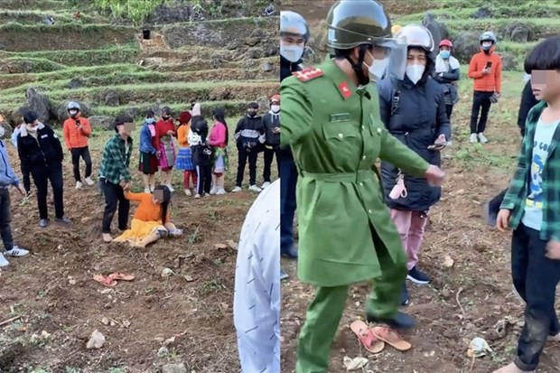 Cô gái bị nam sinh kéo đi theo tục "bắt vợ" của người Mông tại huyện Mèo Vạc (Hà Giang) được công an kịp thời giải cứu. Ảnh cắt từ clip: laodong.vn