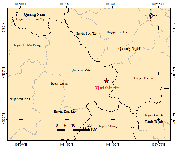 Bản đồ chấn tâm trận động đất ngày 18/4/2022 ở Kon Plông. Ảnh: igp-vast.vn