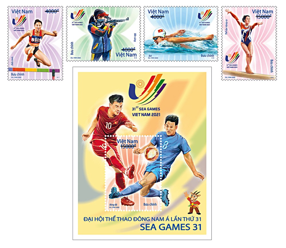 Bộ tem có 4 mẫu tem và 1 bloc giới thiệu một số môn thể thao thế mạnh của Việt Nam. Ảnh: vietnamstamp.com.vn