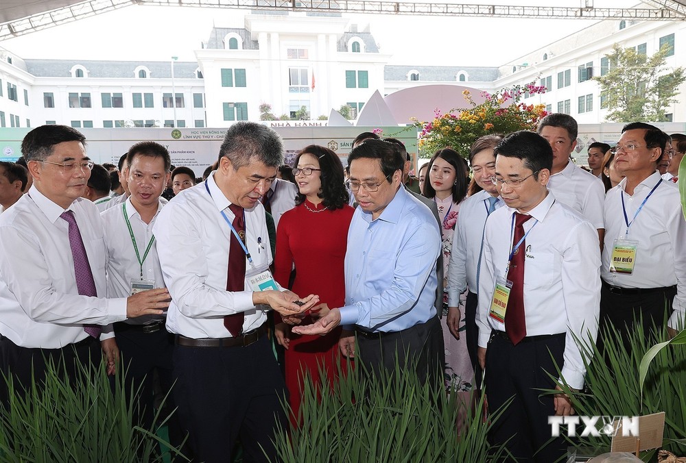 Thủ tướng Phạm Minh Chính thăm các gian hàng trưng bày sản phẩm nông nghiệp. Ảnh: Dương Giang-TTXVN