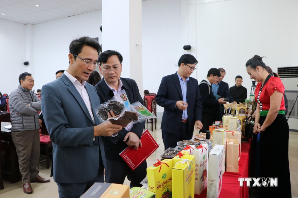 Phó Chủ tịch UBND tỉnh Lai Châu Hà Trọng Hải (người đầu tiên, bên trái) tham quan các sản phẩm OCOP trưng bày tại buổi đánh giá, chấm sản sản phẩm OCOP của tỉnh năm 2022. Ảnh: Việt Hoàng - TTXVN
