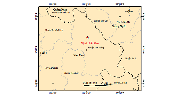 Bản đồ chấn tâm trận động đất độ lớn 4.0 xảy ra vào 21 giờ 33 phút 18 giây ngày 17/5 tại huyện huyện Kon Plông, tỉnh Kon Tum. Ảnh: igp-vast.vn 