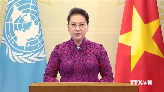 越南国会主席阮氏金银在纪念第四次世界妇女大会25周年高级别会议上通过视频发表讲话