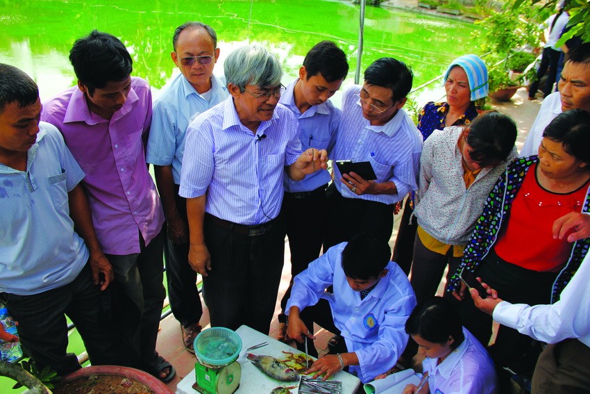 Tiến sĩ Bùi Quang Tề - chuyên gia về lĩnh vực nuôi trồng thủy sản hướng dẫn các học viên kiểm tra bệnh tích của cá. Ảnh: Trung Xuân