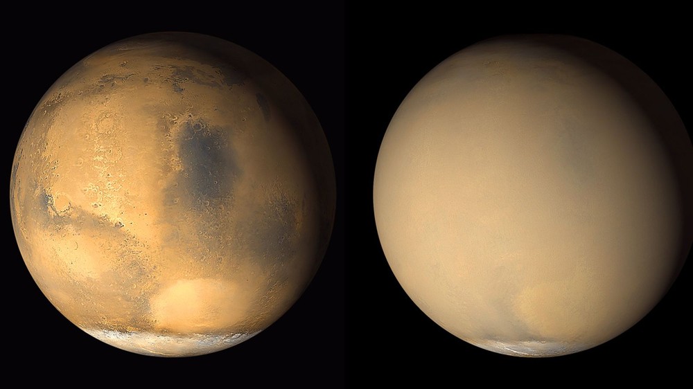Sao Hỏa được biết đến là nơi có các cơn bão bụi bao quanh hành tinh. Những hình ảnh năm 2001 này từ tàu quỹ đạo sao Hỏa Global Surveyor của NASA cho thấy sự thay đổi đáng kể về diện mạo của hành tinh khi sương mù bốc lên do bão bụi ở phía nam đã tỏa ra kh