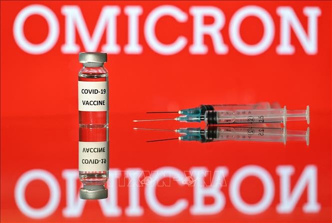Hình ảnh biến thể Omicron, vaccine và bơm tiêm. Ảnh: AFP/TTXVN