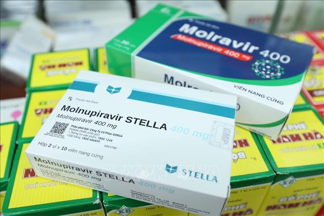 Thuốc điều trị COVID-19 chứa hoạt chất Monulpiravir chính hãng cho bệnh nhân F0 điều trị tại nhà và có chỉ định của bác sĩ được bán với giá 250.000 đồng cho một liệu trình. Ảnh: Minh Quyết - TTXVN