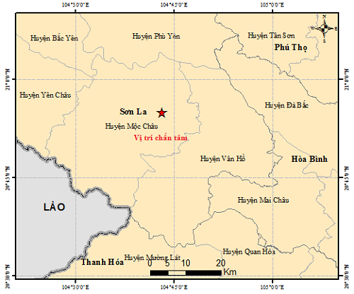 Bản đồ chấn tâm động đất ở huyện Mộc Châu. Ảnh: http://igp-vast.vn/
