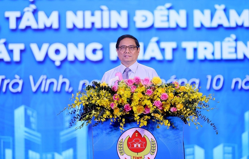 Thủ tướng Phạm Minh Chính phát biểu tại Hội nghị Công bố Quy hoạch tỉnh Trà Vinh. Ảnh: Dương Giang-TTXVN