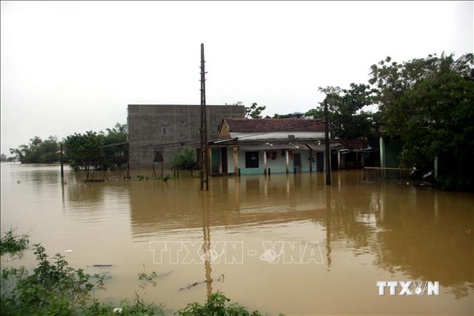 Nhiều nhà dân ở xã Tam Đàn, huyện Phú Ninh bị ngập sâu trong nước. Ảnh: Phước Tuệ - TTXVN