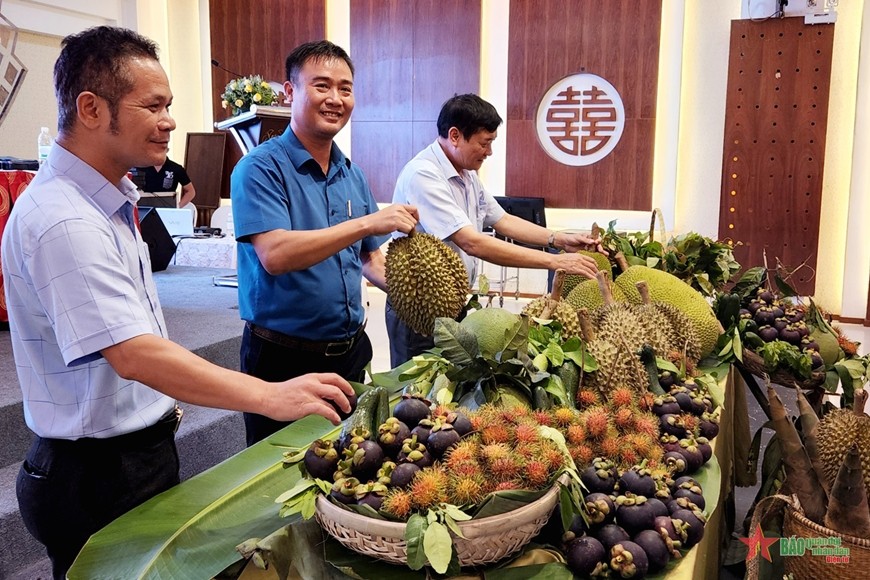 Lãnh đạo UBND huyện Khánh Sơn giới thiệu các sản phẩm trái cây của địa phương. Ảnh: qdnd.vn
