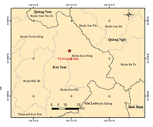 Bản đồ chấn tâm trận động đất có độ lớn 3.7 xảy ra vào 15 giờ 02 phút 09 giây (giờ Hà Nội) ngày 23/8/2022. Ảnh: igp-vast.vn
