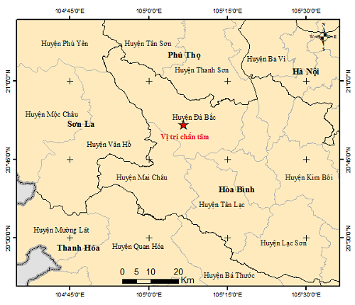 Động đất 3.9 độ tại huyện Đà Bắc, tỉnh Hòa Bình