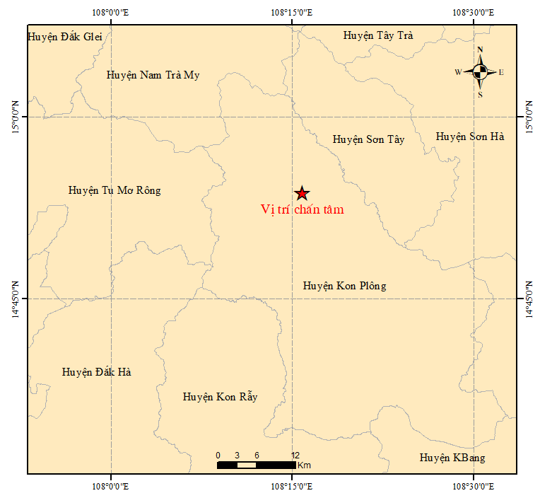 Bản đồ chấn tâm trận động đất có độ lớn 3.9 xảy ra vào 19 giờ 6 phút 44 giây tại huyện Kon Plông, tỉnh Kon Tum. Ảnh: igp-vast.vn