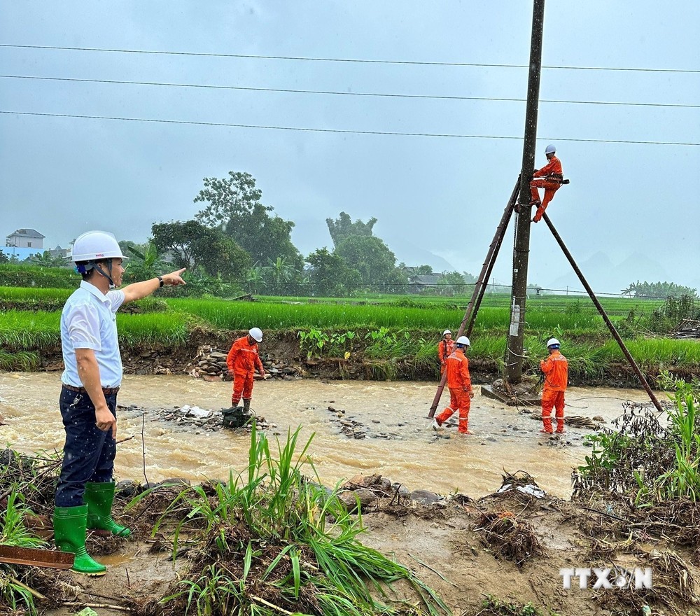 Tập trung khẩn trương khắc phục sự cố lưới điện trong mùa mưa lũ. Ảnh: TTXVN phát