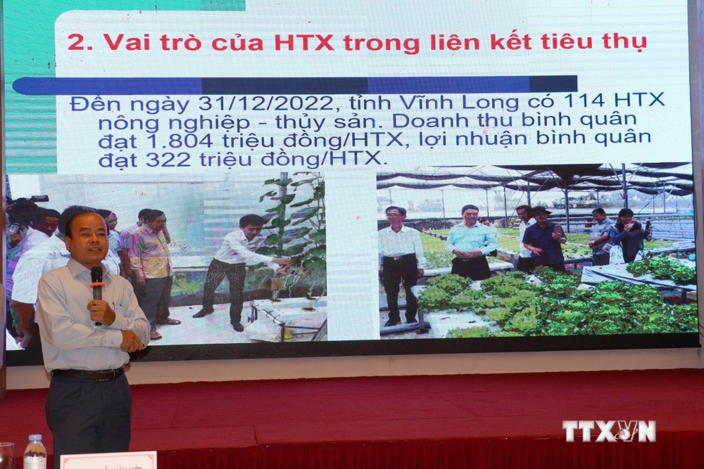 Phó Giám đốc Sở Nông nghiệp và Phát triển nông thôn tỉnh Vĩnh Long Nguyễn Văn Liêm phát biểu tại Hội thảo. Ảnh: Lê Thúy Hằng - TTXVN