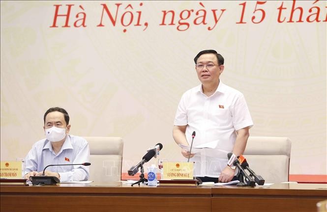Chủ tịch Quốc hội Vương Đình Huệ phát biểu, chúc mừng 96 năm Ngày báo chí Cách mạng Việt Nam. Ảnh: Doãn Tấn - TTXVN