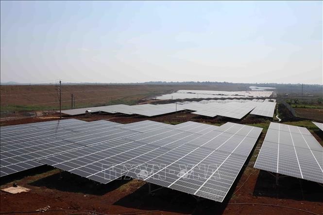 Hệ thống pin năng lượng của Trang trại Điện mặt trời BMT được lắp đặt dọc chân đập Krông Buk Hạ. Ảnh minh họa: Anh Dũng- TTXVN