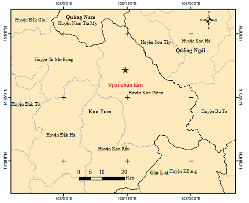 Bản đồ chấn tâm động đất ở Kon Plông (Kon Tum). Ảnh: igp-vast.vn