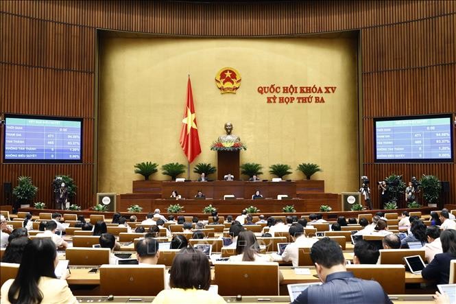Quốc hội biểu quyết thông qua Nghị quyết về việc thành lập Đoàn giám sát chuyên đề của Quốc hội năm 2023. Ảnh: Doãn Tấn - TTXVN
