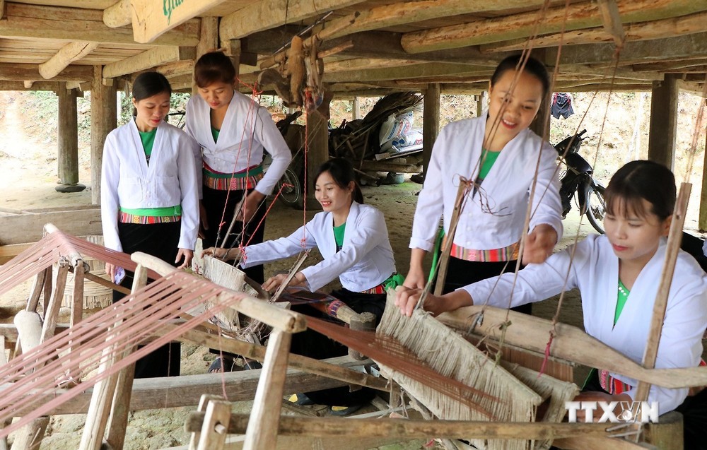 Phụ nữ người Mường ở Bản Chuôi, xã Khả Cửu, huyện Thanh Sơn, tỉnh Phú Thọ bên khung dệt. Ảnh: Trung Kiên - TTXVN.