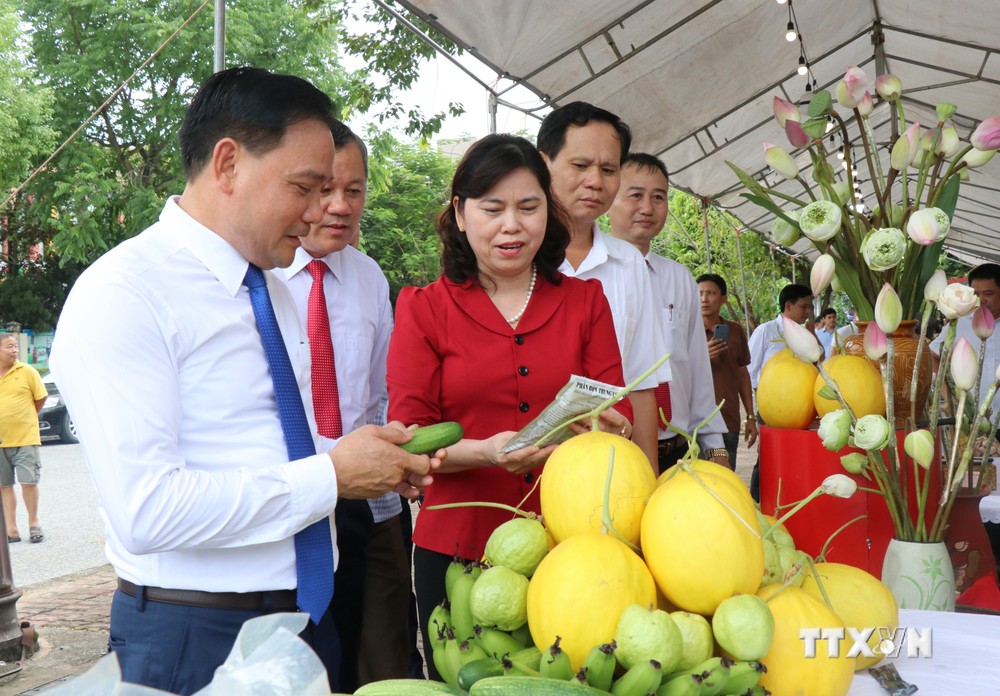 Các đại biểu tham quan gian hàng trưng bày các sản phẩm OCOP 2022 tỉnh Bắc Ninh. Ảnh: Đinh Văn Nhiều-TTXVN
