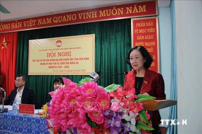 Trưởng Ban Tổ chức Trung ương Trương Thị Mai phát biểu tại buổi tiếp xúc cử tri. Ảnh: Vũ Hà - TTXVN