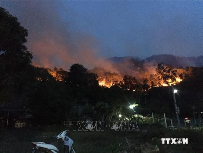 Đám cháy lan xuống khu vực rừng phòng hộ và áp sát nhà dân dưới chân núi Mồng Gà, huyện Hương Sơn, tỉnh Hà Tĩnh. Ảnh: TTXVN phát