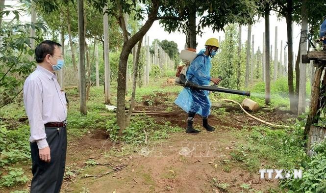 Ngành y tế tỉnh Gia Lai thực hiện phun khử khuẩn môi trường tại làng Bông Hiot, xã Hải Yang, huyện Đak Đoa- nơi có ca bệnh bạch hầu tử vong. Ảnh: Quang Thái - TTXVN