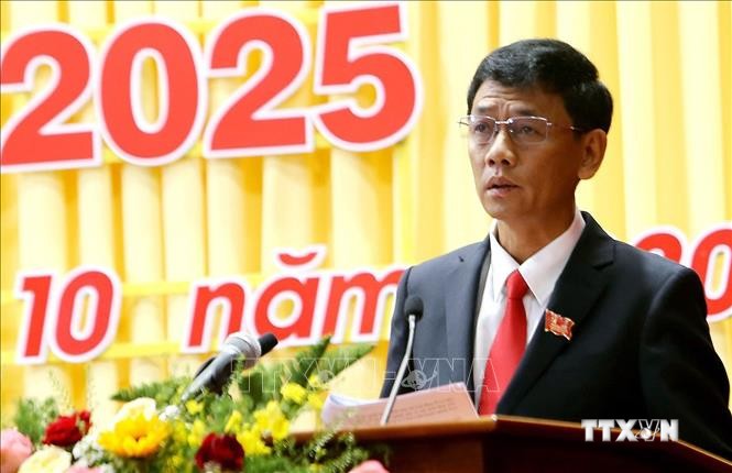 Đồng chí Lâm Văn Mẫn, Bí thư Tỉnh ủy Sóc Trăng nhiệm kỳ 2020-2025, phát biểu tại Đại hội. Ảnh: Trung Hiếu-TTXVN