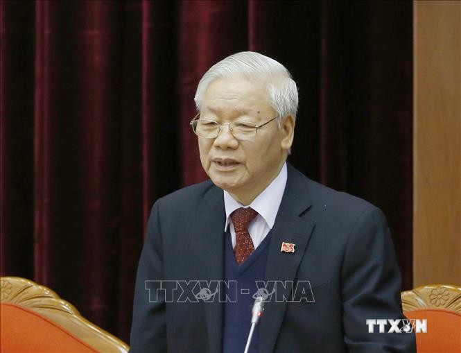 Tổng Bí thư, Chủ tịch nước Nguyễn Phú Trọng phát biểu tại Hội nghị lần thứ nhất Ban Chấp hành Trung ương Đảng khóa XIII. Ảnh: TTXVN