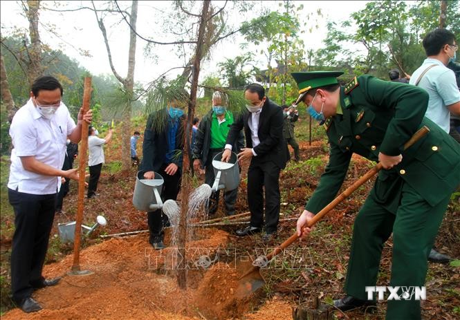 Các đại biểu tham gia "Tết trồng cây đời đời nhớ ơn Bác Hồ". Ảnh: Tường Vi - TTXVN.