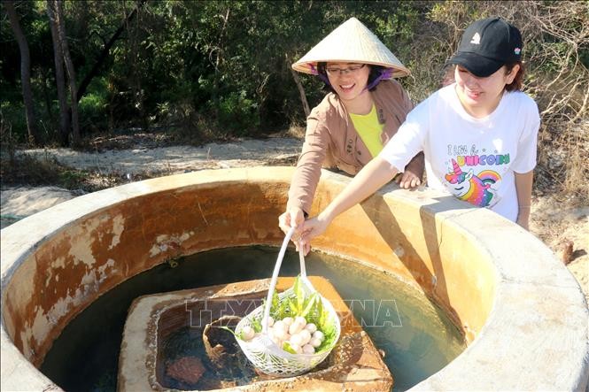 Du khách thích thú tự tay luộc trứng tại giếng nước nóng tự nhiên đổ ra Suối nước nóng Bưng Thị, huyện Hàm Thuận Nam (tỉnh Bình Thuận). Ảnh: Nguyễn Thanh - TTXVN