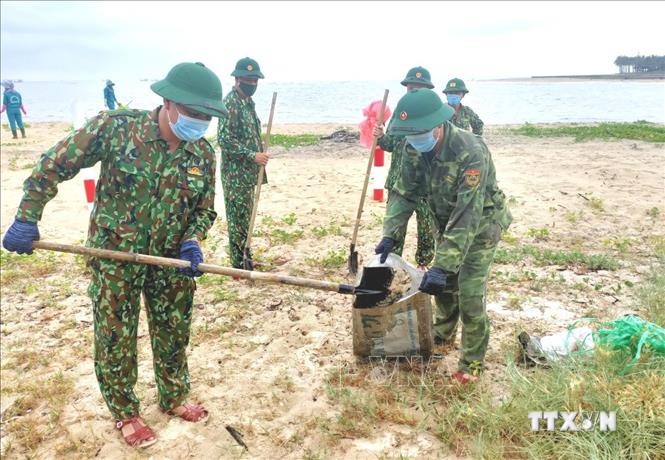 Mỗi hành động nhỏ của các cán bộ, chiến sỹ tuổi trẻ vũ trang tỉnh Quảng Bình sẽ giúp môi trường xanh - sạch - đẹp. Ảnh: Võ Dung - TTXVN
